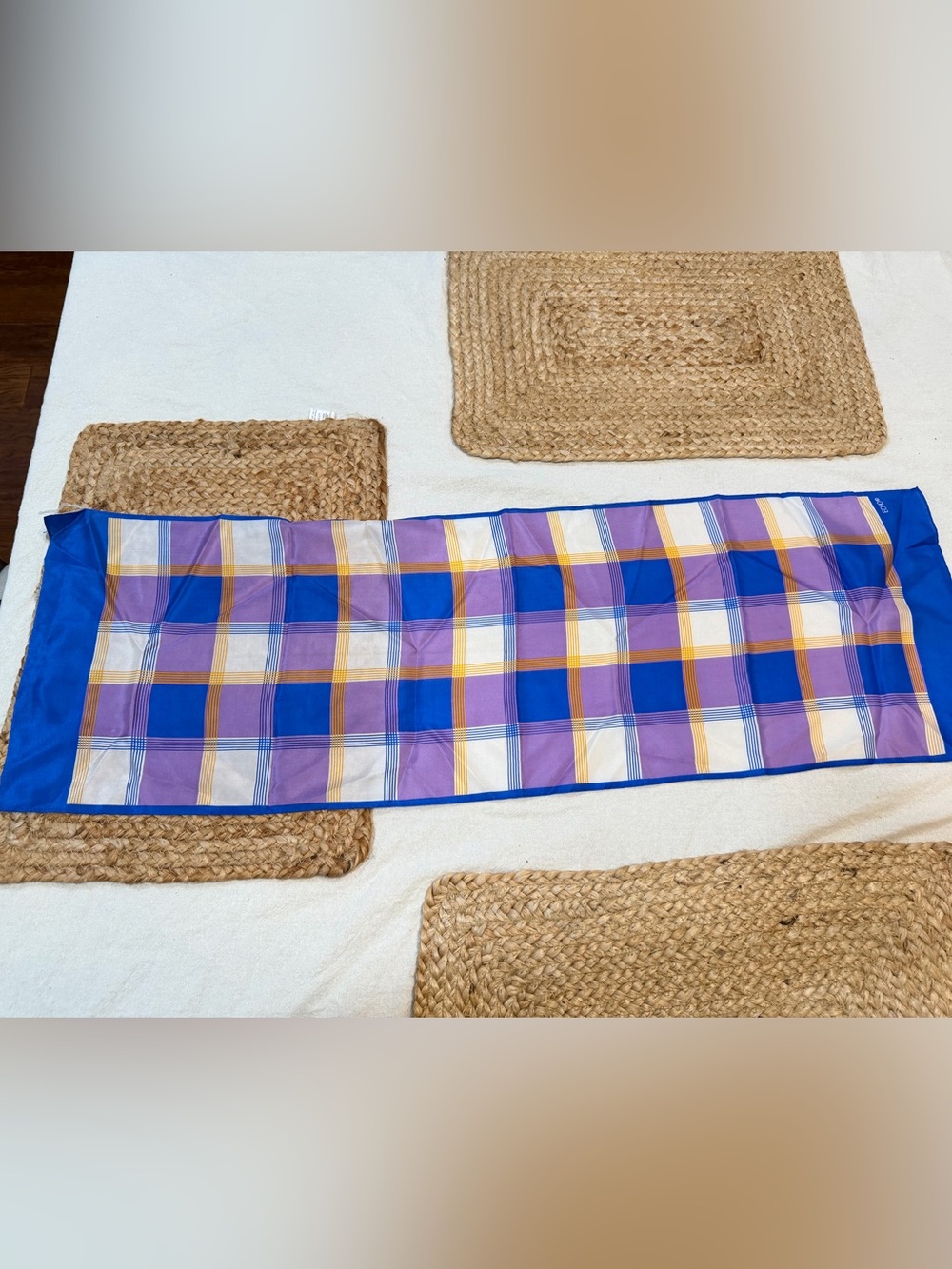 Echo Plaid Scarf in Purple, Blue & Yellow Gold Stripes 10.5 in H x 34 in L